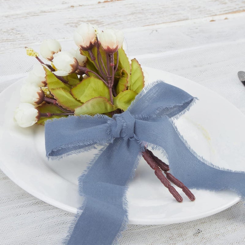 Keypan Dusty Blue Ribbon 1-1/2 x 15 Yards Handmade Cotton Frayed Fringe Fabric Ribbons for Crafts Flower Bouquets Wedding Baby Shower Home DIY Decor - Image 3